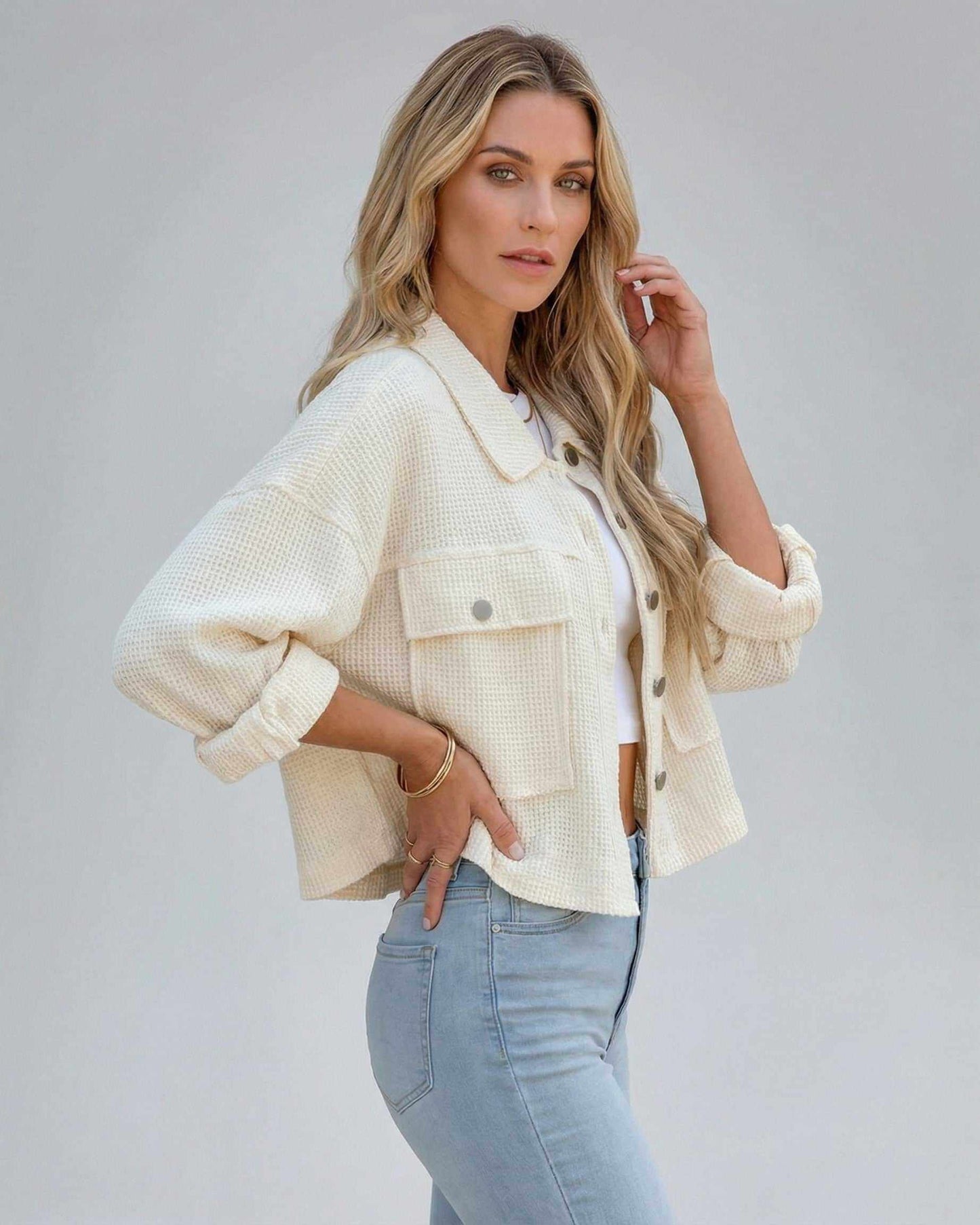 Zima Jacket featuring oversized fit, cozy cotton blend, stylish beige color, perfect for layering by RAMBLION.
