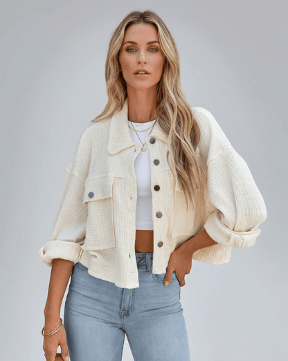 Zima Jacket by RAMBLION in a cozy beige, oversized fit, perfect for layering over outfits for a stylish look.