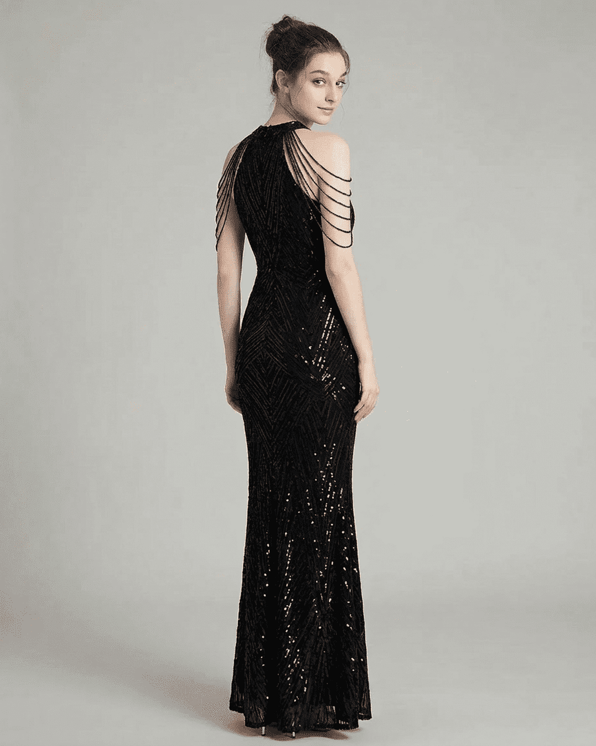 Black Velvet Gown Halter Sleeveless Maxi Dress | Wedding Season, back view | Ramblion | SKU: VMD-52938-black-L-8006,VMD-52938-black-M-7791,VMD-52938-black-S-7712,VMD-52938-black-XL-9421,VMD-52938-black-XS-2207