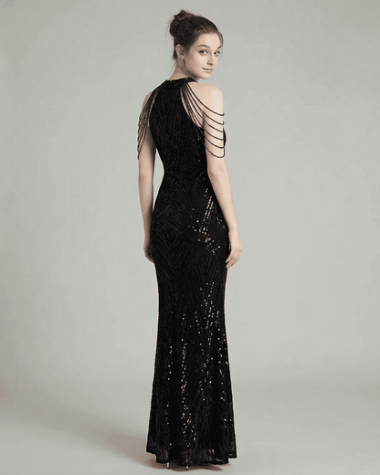 Black Velvet Gown Halter Sleeveless Maxi Dress | Wedding Season, back view | Ramblion | SKU: VMD-52938-black-L-8006,VMD-52938-black-M-7791,VMD-52938-black-S-7712,VMD-52938-black-XL-9421,VMD-52938-black-XS-2207