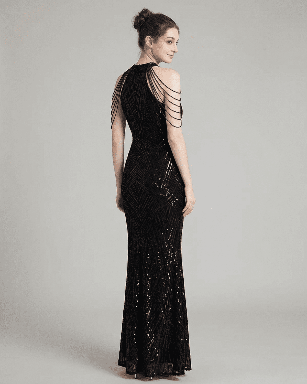 Black Velvet Gown Halter Sleeveless Maxi Dress | Wedding Season, back view | Ramblion | SKU: VMD-52938-black-L-8006,VMD-52938-black-M-7791,VMD-52938-black-S-7712,VMD-52938-black-XL-9421,VMD-52938-black-XS-2207