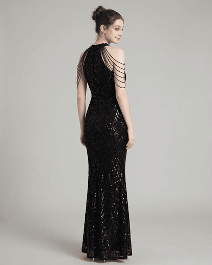 Black Velvet Gown Halter Sleeveless Maxi Dress | Wedding Season, back view | Ramblion | SKU: VMD-52938-black-L-8006,VMD-52938-black-M-7791,VMD-52938-black-S-7712,VMD-52938-black-XL-9421,VMD-52938-black-XS-2207