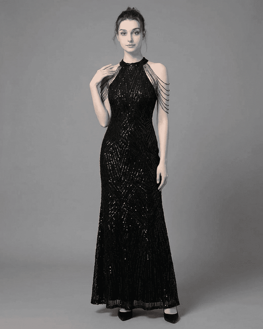 Zixa Maxi Dress featuring halter neck, sequin embellishments, luxurious velvet, perfect for formal occasions by RAMBLION.