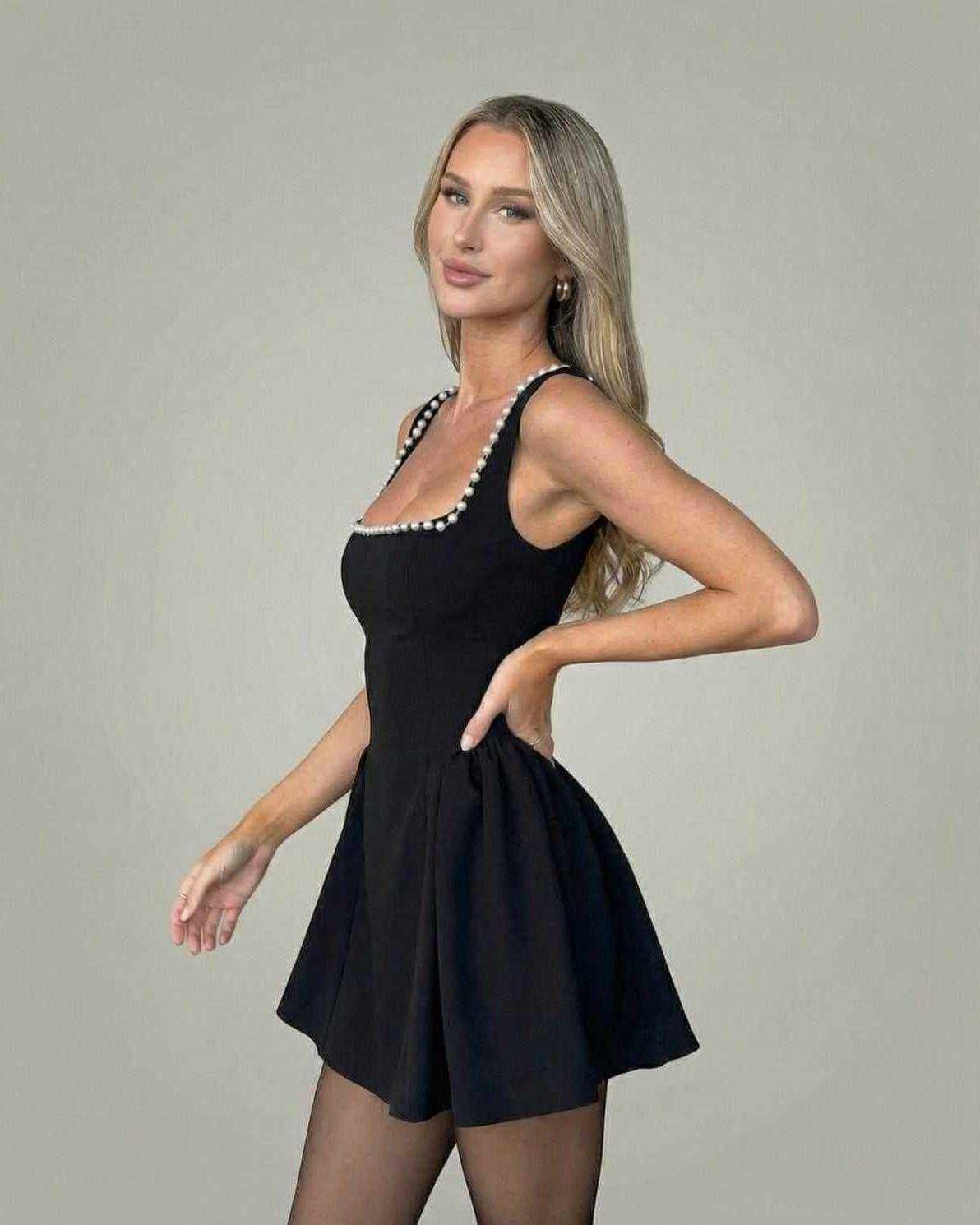 Zoa Mini Dress by RAMBLION, black satin mini dress with square neckline, perfect for day or evening occasions.