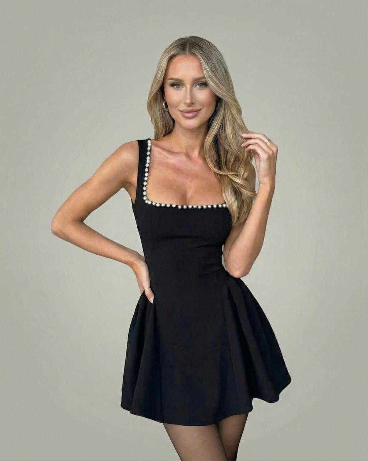 Zoa Mini Dress in black satin, square neck design, perfect for day or evening, by RAMBLION.