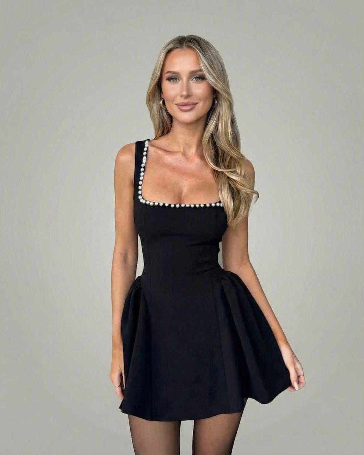 Zoa Mini Dress by RAMBLION, black satin dress with square neckline, perfect for chic day-to-night occasions.
