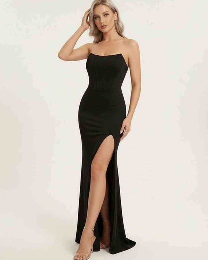 Zoma Maxi Dress by RAMBLION, black satin with sweetheart neckline, perfect for elegant evening events.