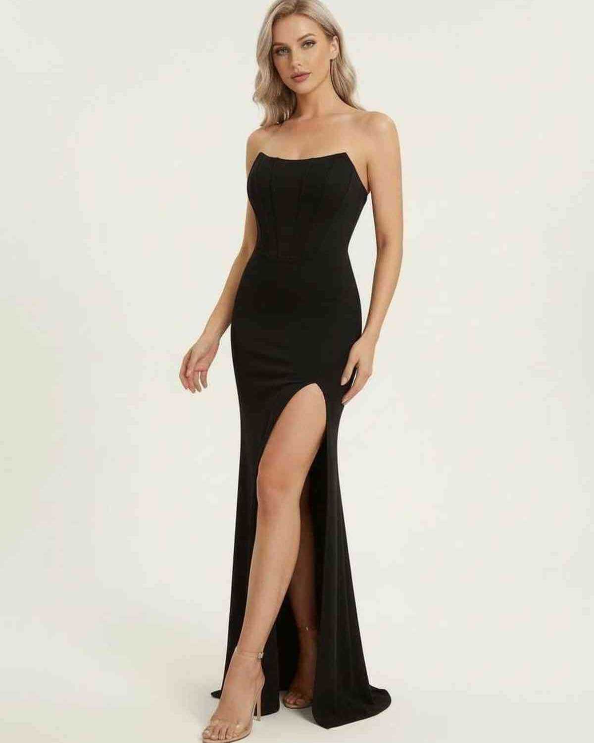 Zoma Maxi Dress, black ankle-length dress with a slit, perfect for formal occasions, by RAMBLION.