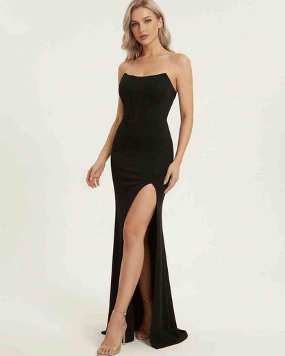 Zoma Maxi Dress, black ankle-length dress with a slit, perfect for formal occasions, by RAMBLION.