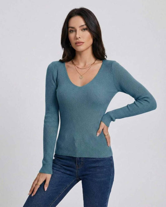 Zora Pullover by RAMBLION in soft blue, V-neck, ribbed long sleeve, perfect for casual or polished occasions.