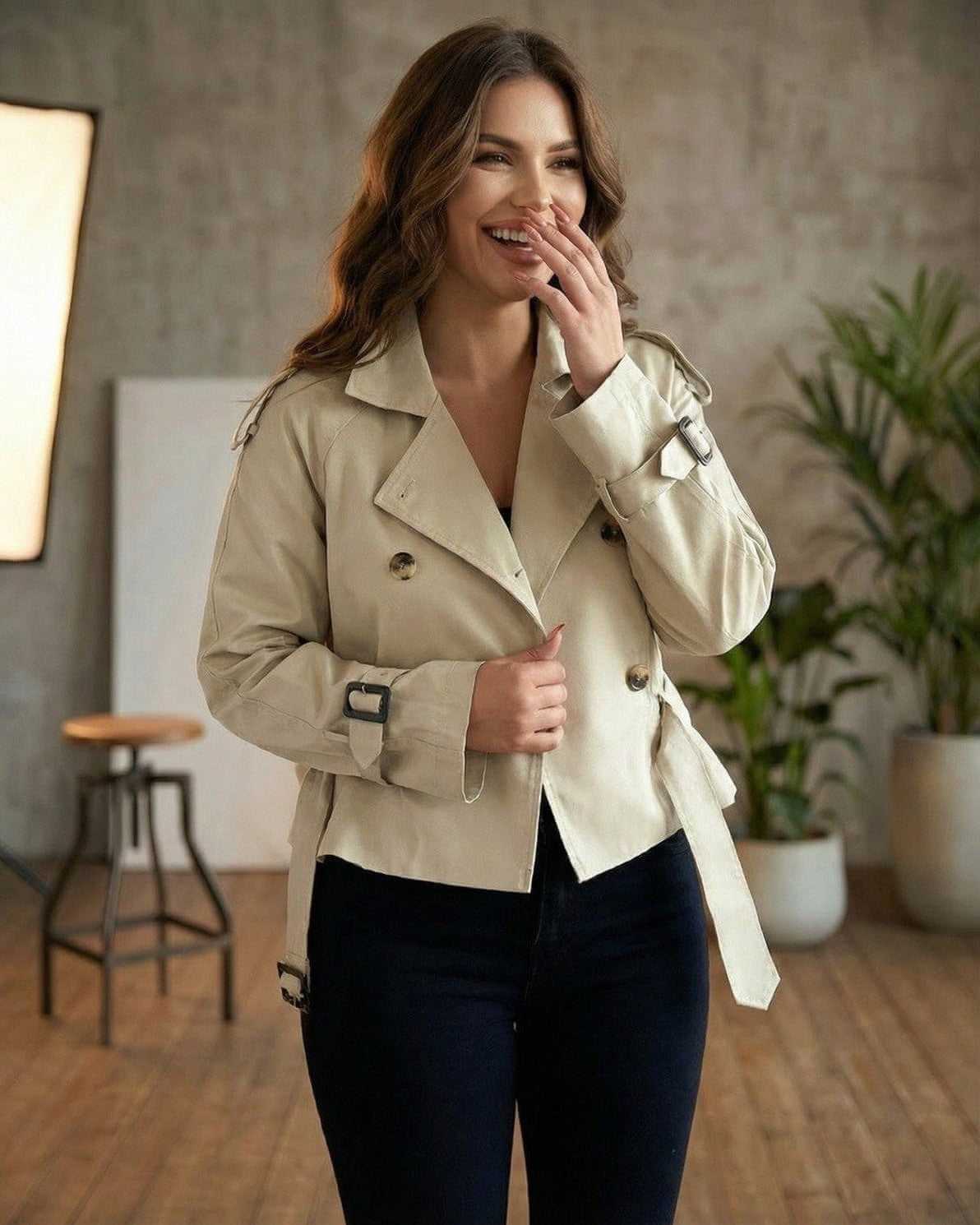 Zoya Jacket in beige, double-breasted design with polished lapel, stylish for any occasion by RAMBLION.