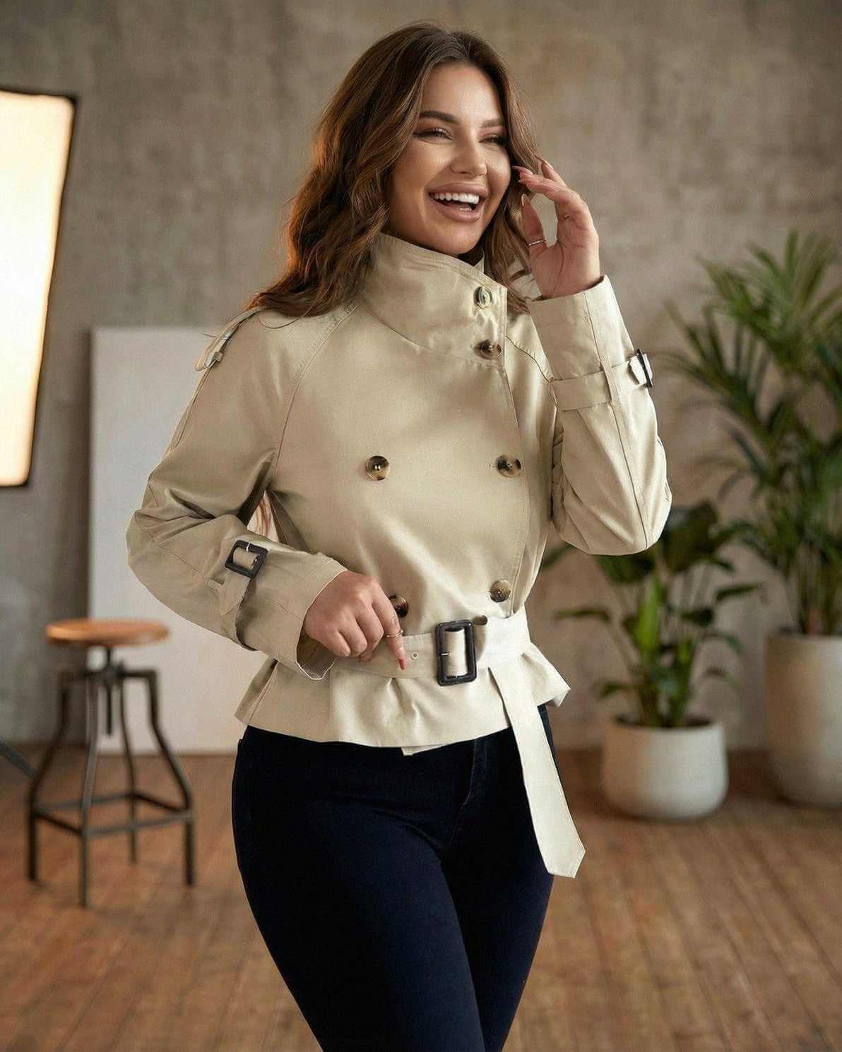 Zoya Jacket in beige featuring double-breasted design, polished lapel, chic tailored look by RAMBLION.