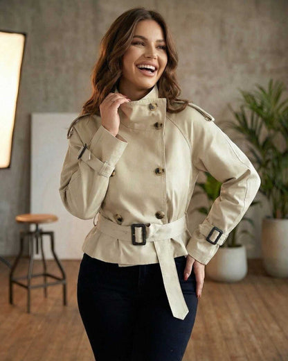 Zoya Jacket by RAMBLION, beige trench style, structured silhouette, chic details for stylish occasions.