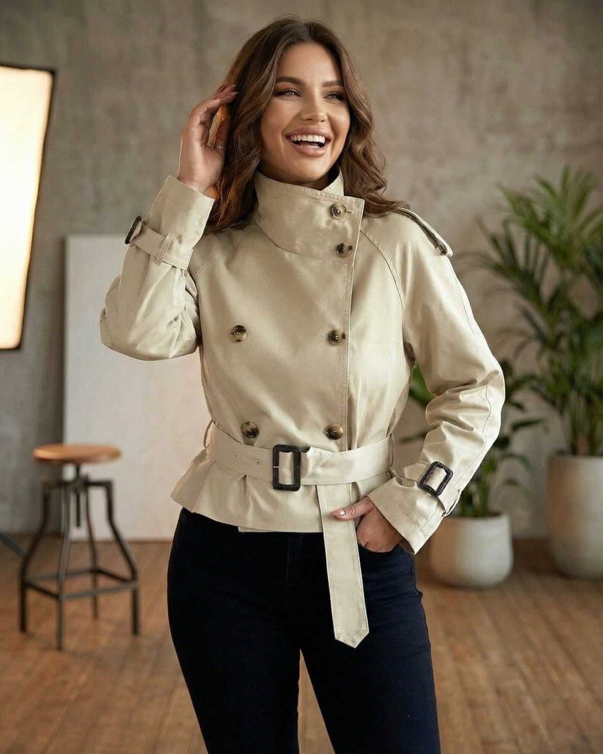 Zoya Jacket in beige, stylish double-breasted design, perfect for chic occasions, by RAMBLION.
