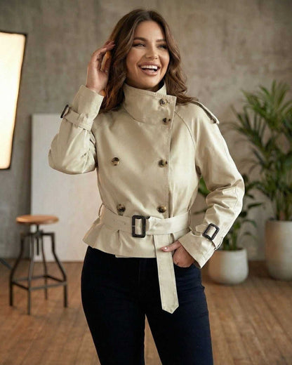 Zoya Jacket in beige, stylish double-breasted design, perfect for chic occasions, by RAMBLION.
