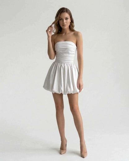 Zoya Mini Dress by RAMBLION, red strapless satin mini dress, perfect for elegant occasions, showcasing a chic silhouette.