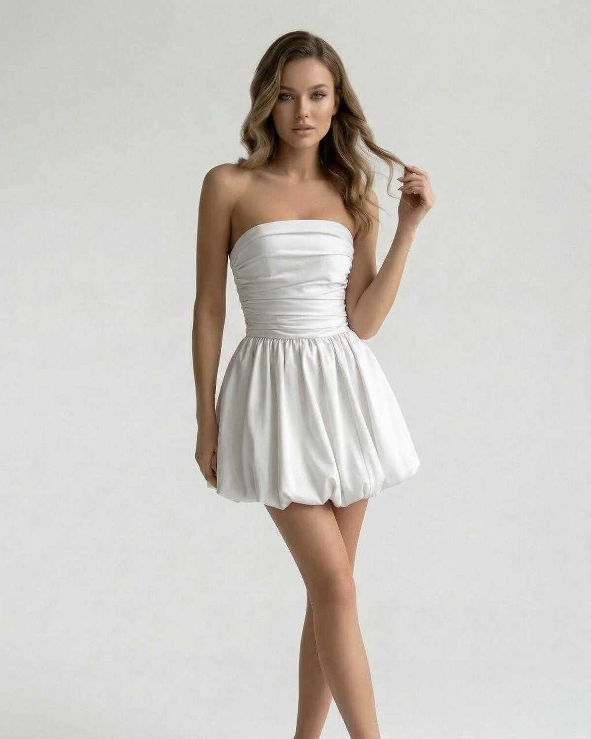 Zoya Mini Dress, white satin, strapless, elegant A-line silhouette, RAMBLION, perfect for special occasions.