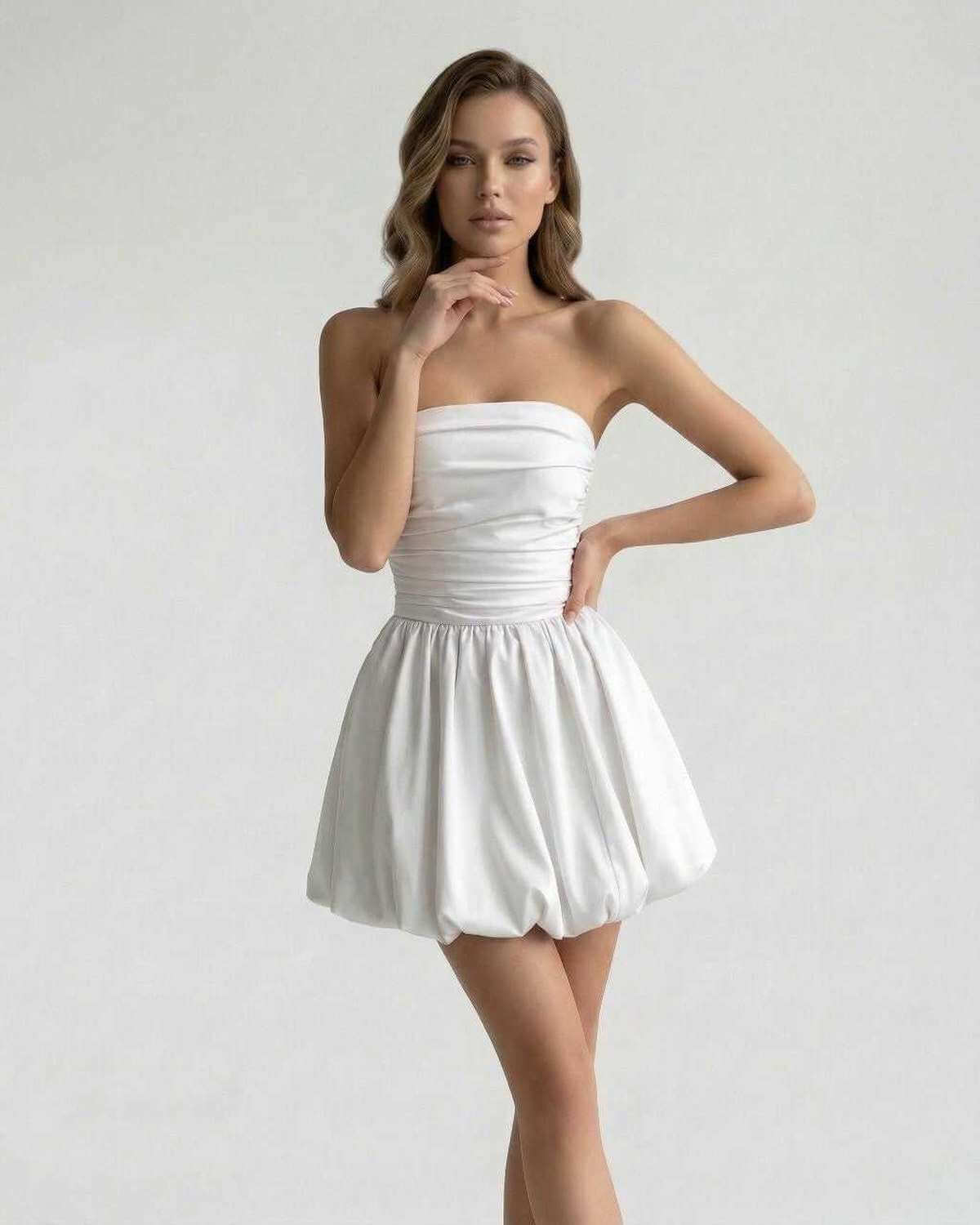Zoya Mini Dress by RAMBLION, strapless white satin, A-line silhouette, elegant for special occasions.