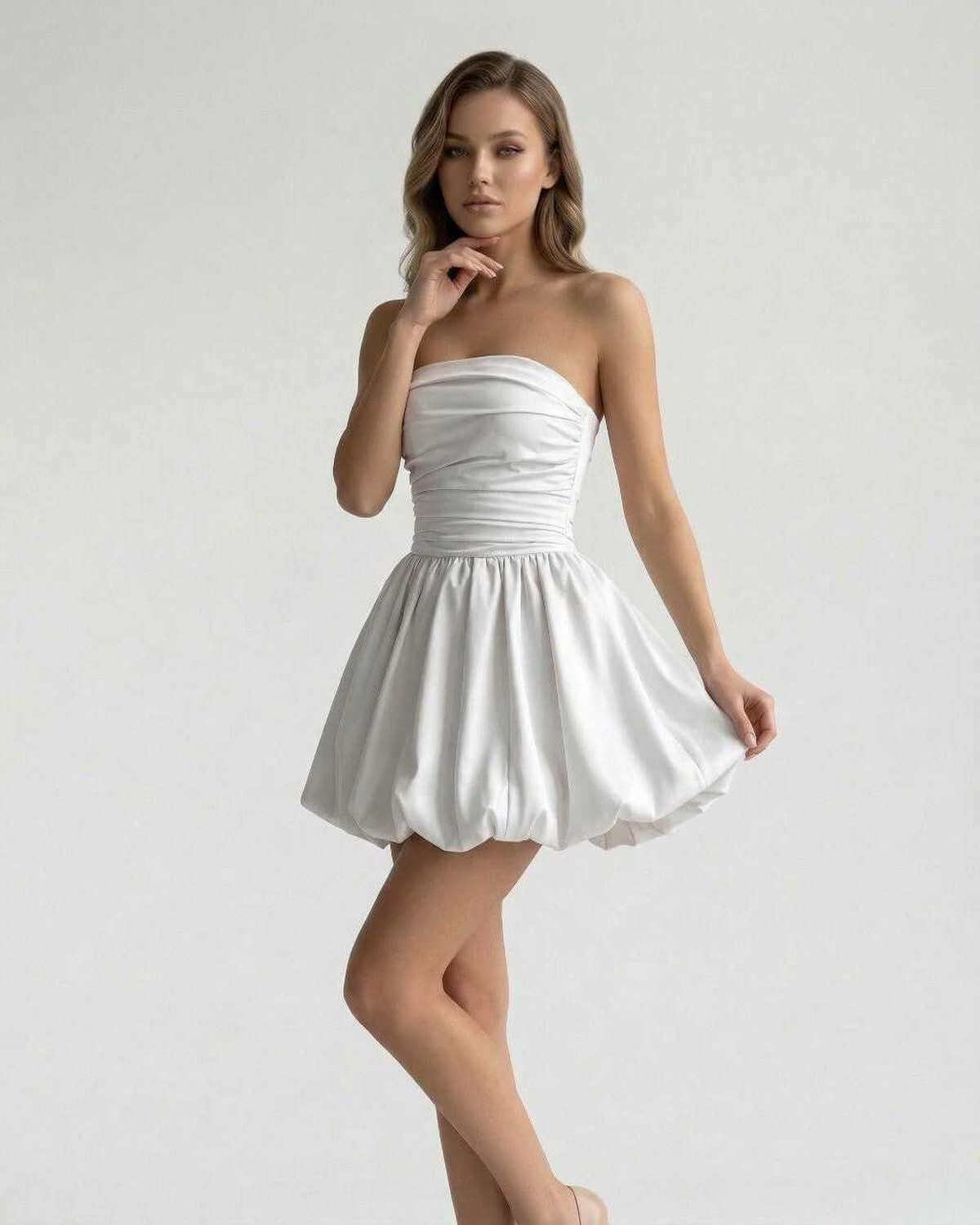 Zoya Mini Dress in white satin, strapless design, A-line silhouette, perfect for elegant occasions, by RAMBLION.